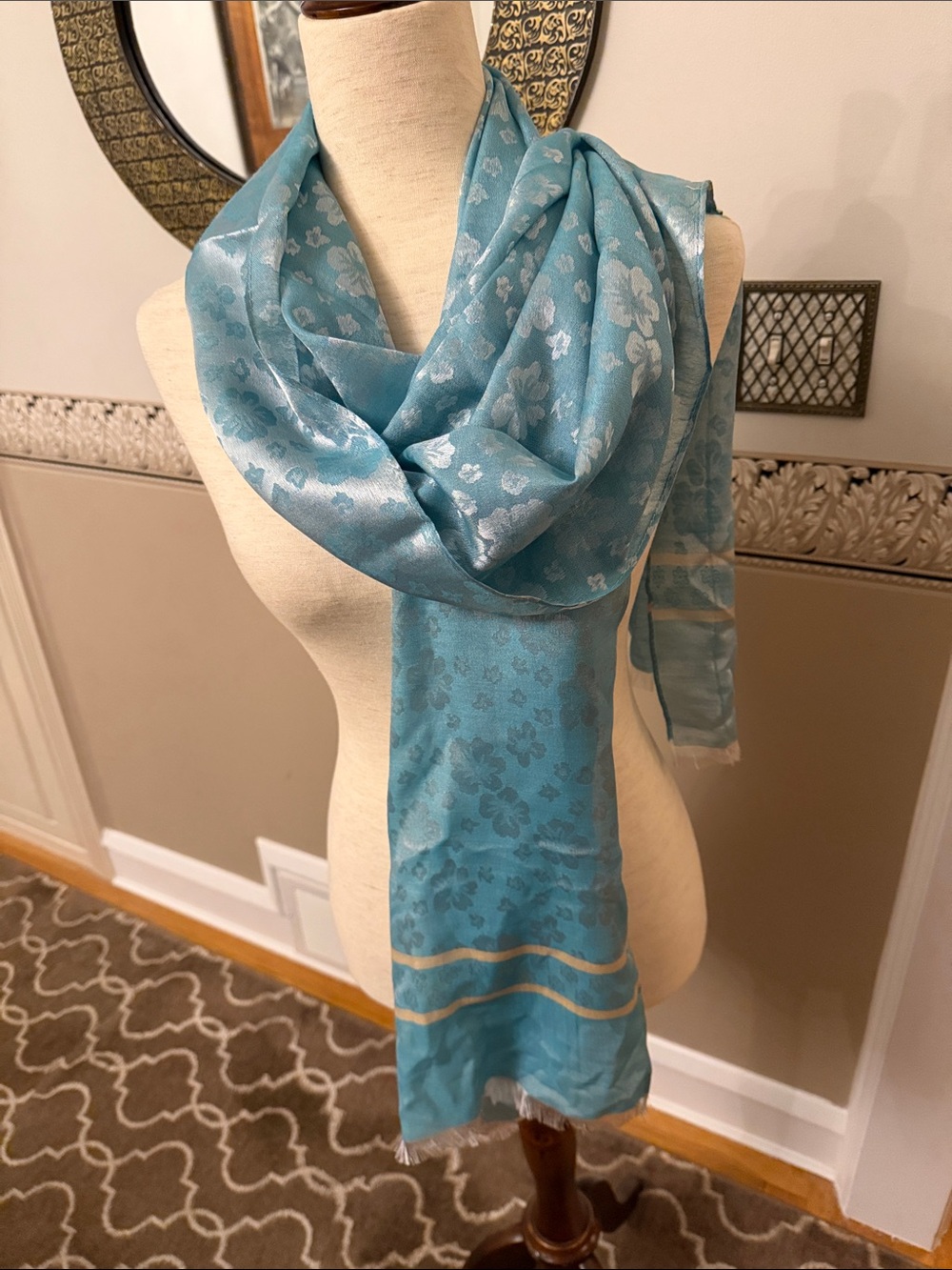 NEW w tags Light teal and beige Floral Jacquard Scarf - Women Accessories